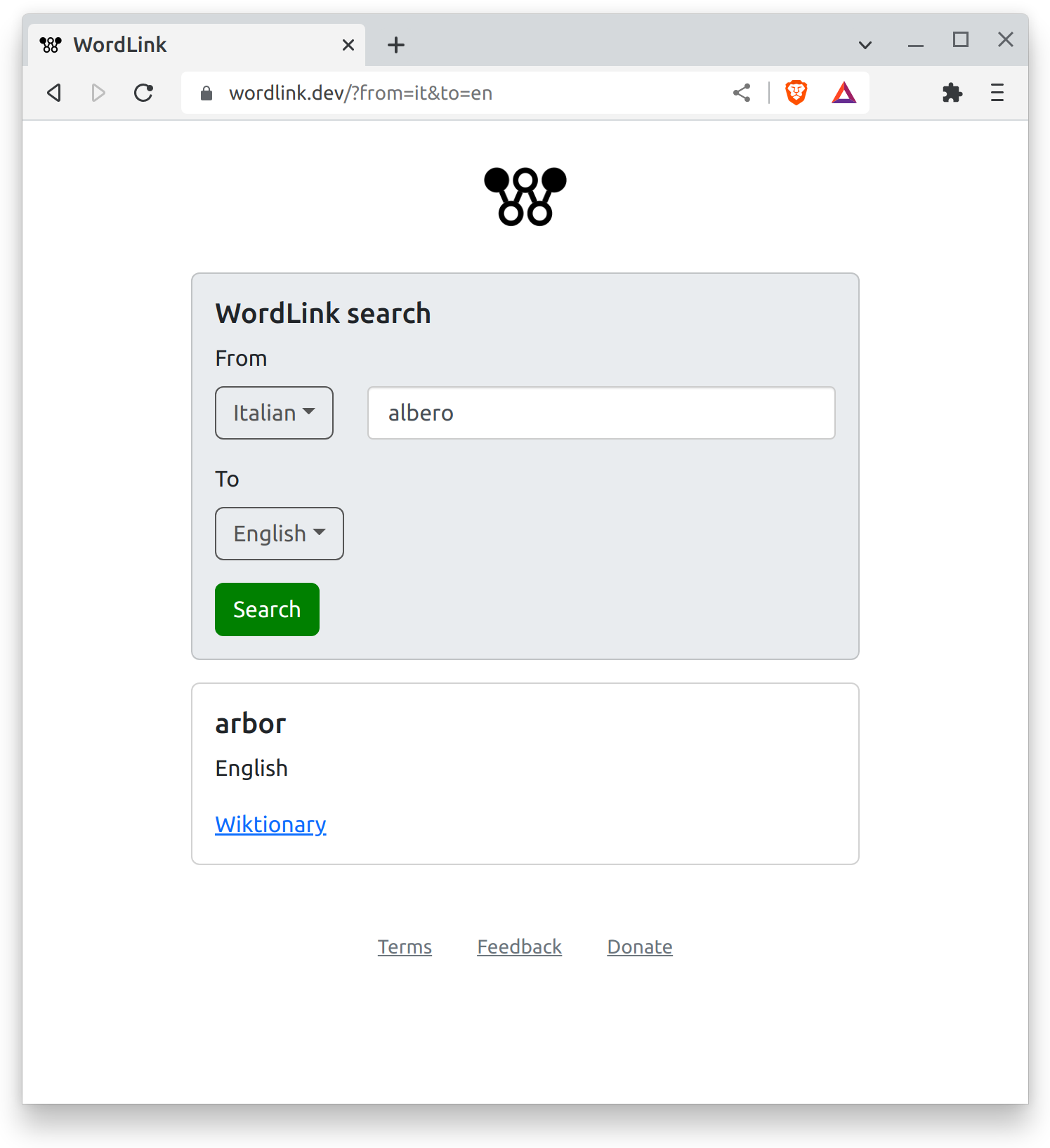 Screenshot of WordLink website, 2022