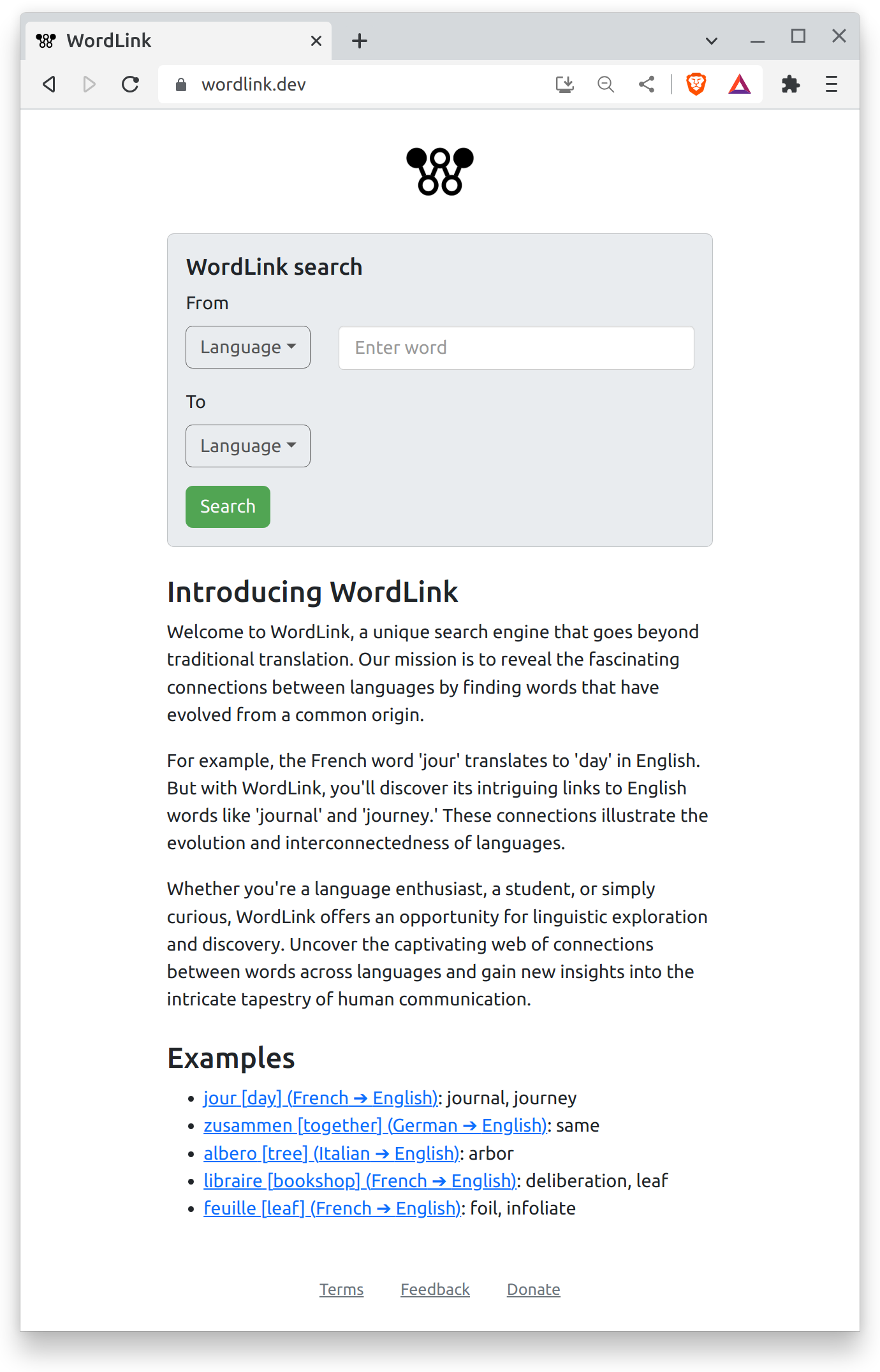Screenshot of the WordLink homepage