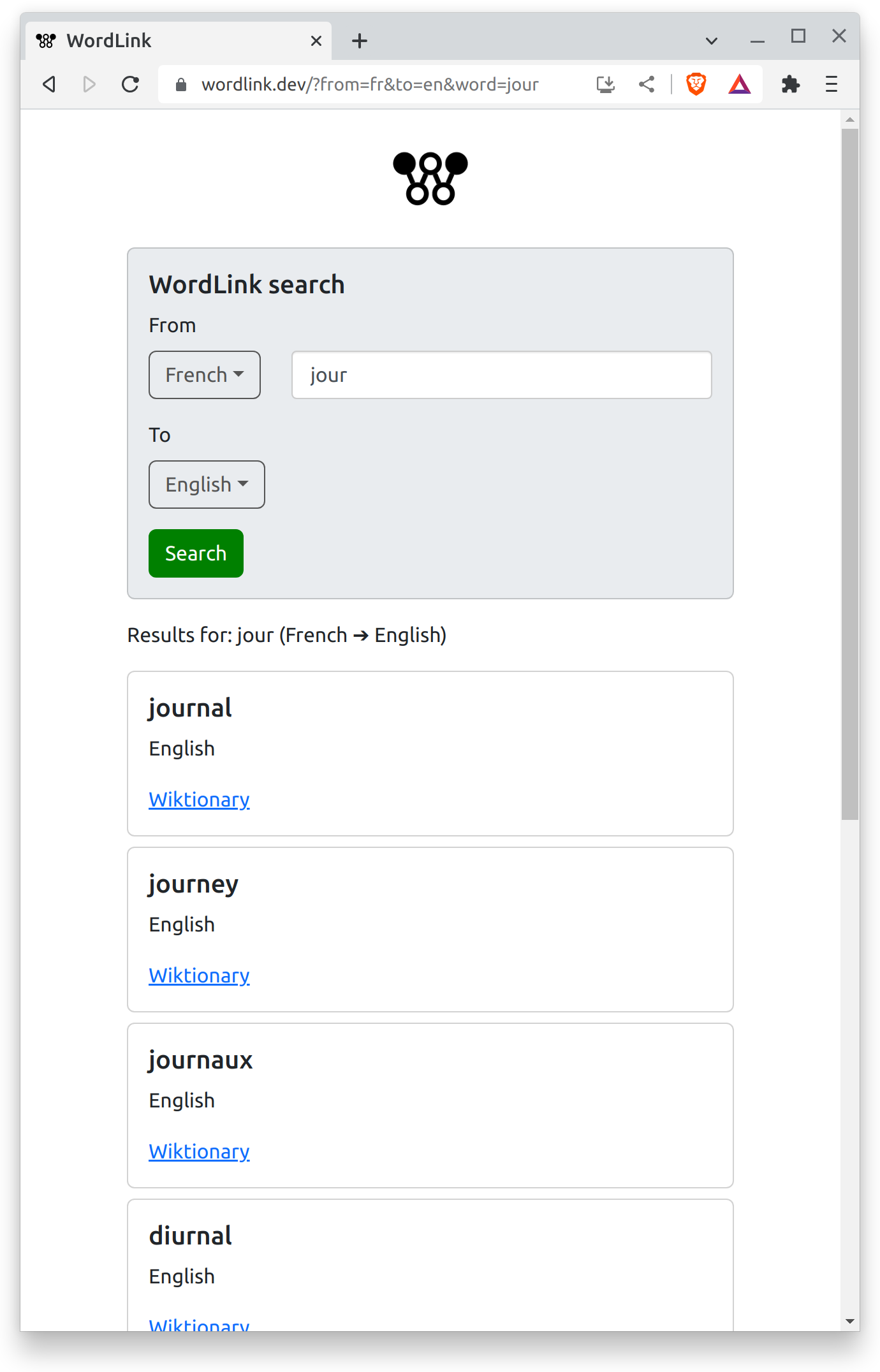 Screenshot of the WordLink search results for "jour"